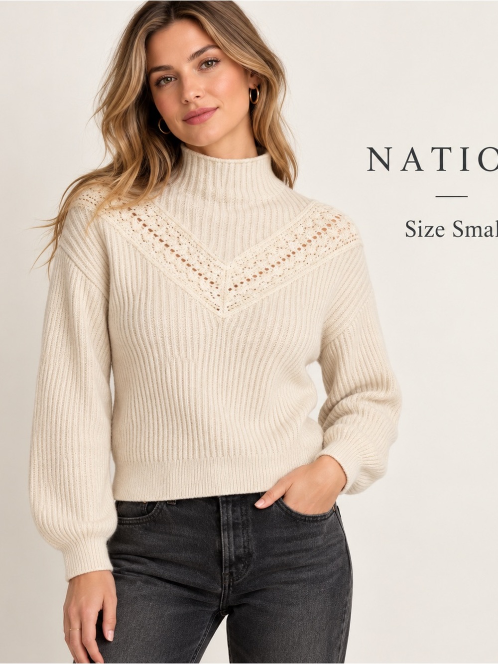 Nation LTD Cream Lace Yoke Mock Neck Sweater